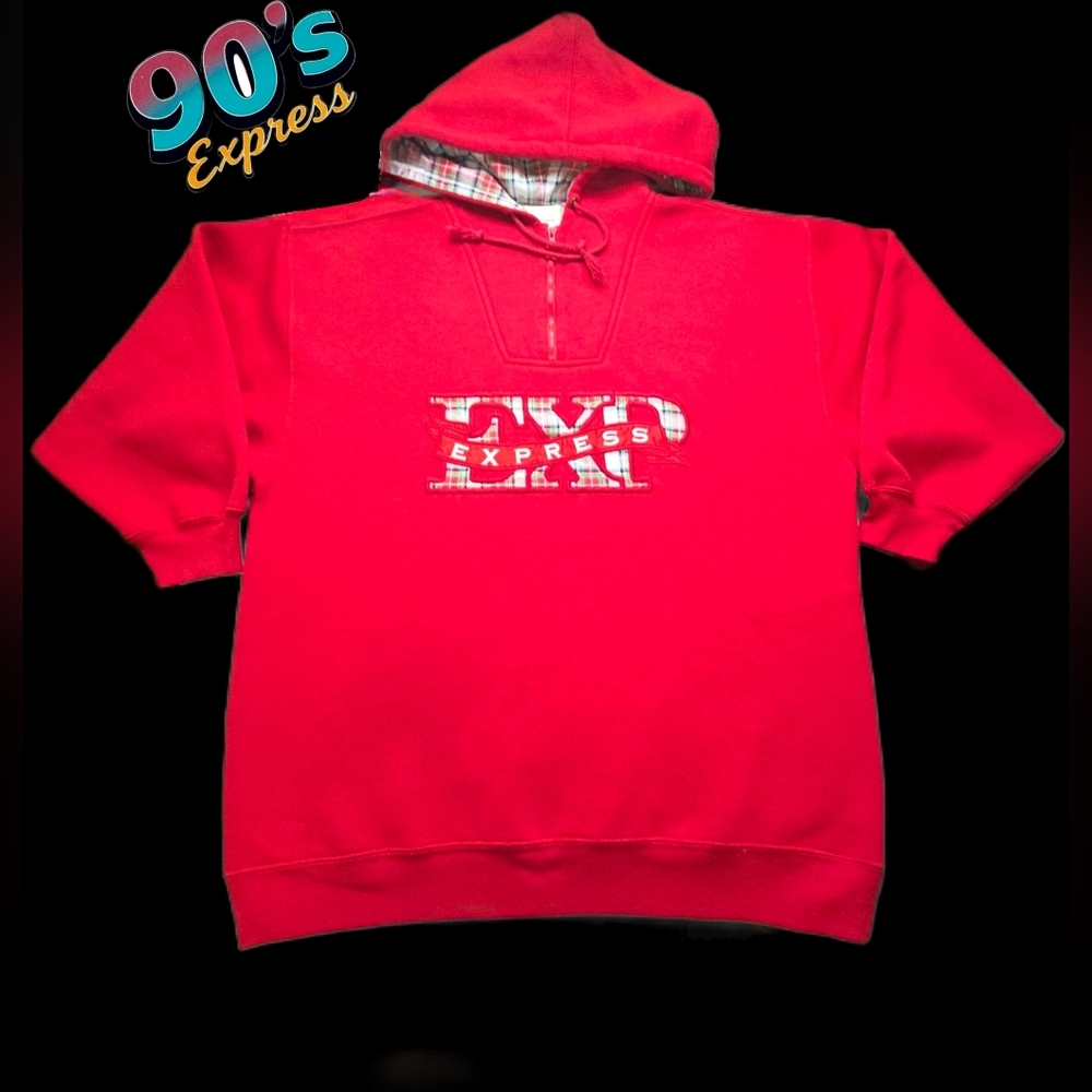 Vintage Express Athletique Hoodie XS Red Plaid Logo Y2K 90s Oversized